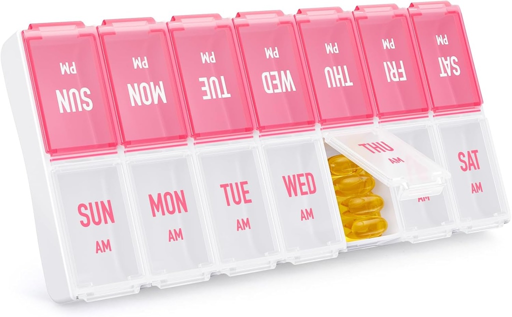 Organisateur de pilules hebdomadaires 2 fois par jour, boîte de pilules élégantes 7 jours AM PM avec grands compartiments, cas de pilule facile à utiliser, contenant de pilules sans BPA pour les vitamines, huiles de poisson, suppléments, médicaments, rose