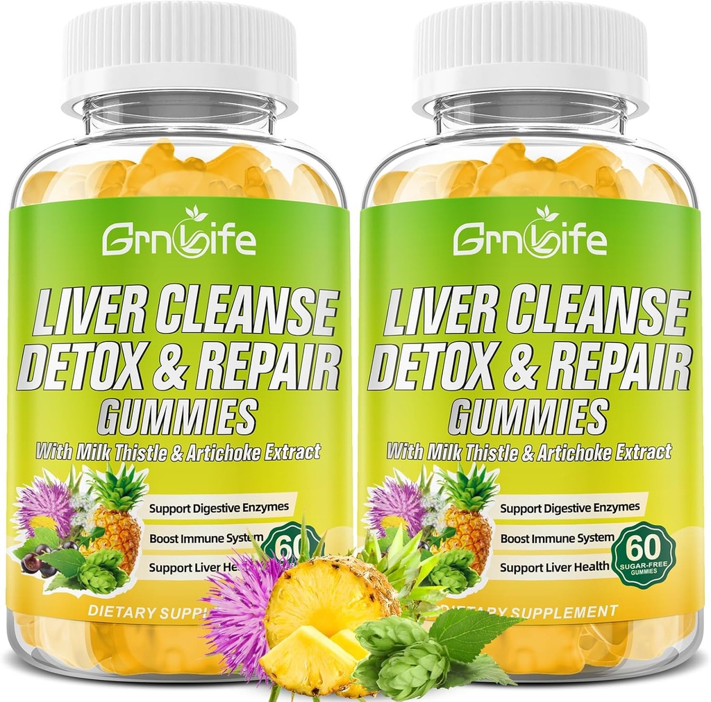 Liver Cleanse Detox & Repair Gummis mit Milchdistel 3000mg, 24-in-1 Lebergesundheitsergänzung mit Dandelion, Artichoke, Sugar Free Liver Detox Gummies, Ananas Flavor - 120 Count