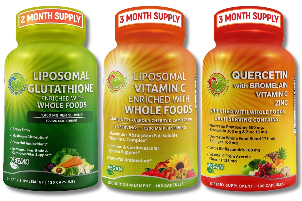 STUDIO Immununterstützung Bundle – Liposomale Vitamin C 1500mg + Liposomale Glutathione 500mg + Quercetin mit Bromelain, Zink & Vitamin C – Vegan, Non-GMO, Enhanced Absorption Formeln