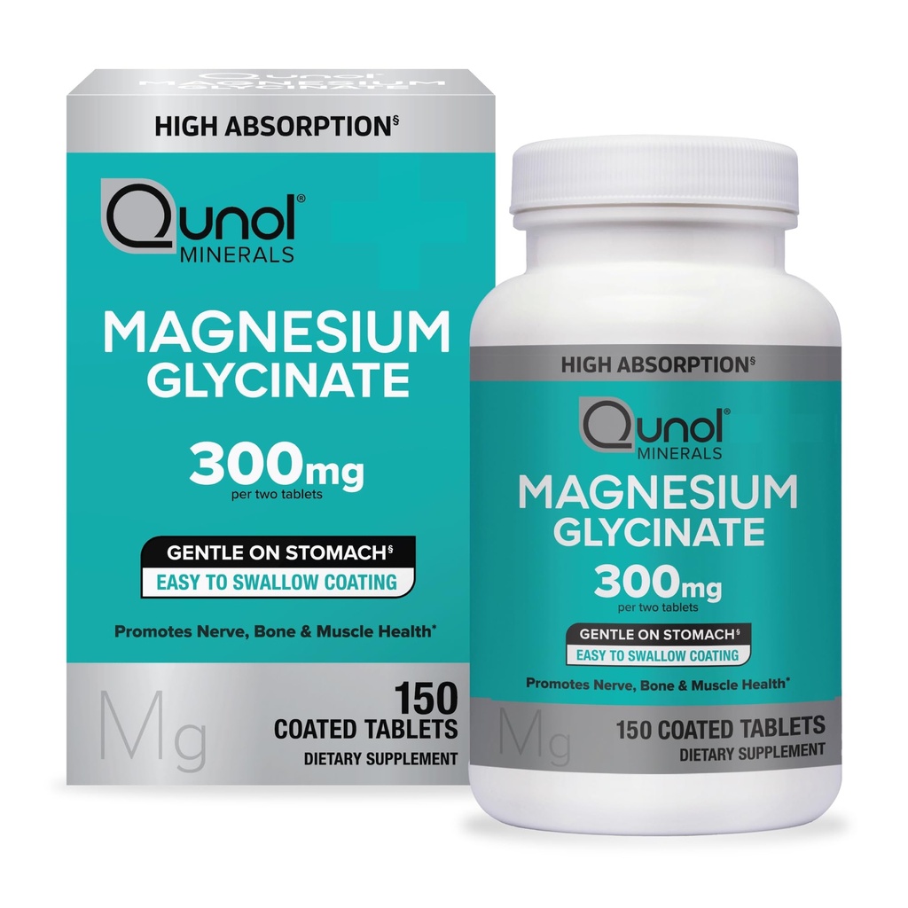 Qunol Magnesium Glycinat 300mg, 100% Glycinat Chelat Magnesium Supplement, 150ct Tabletten