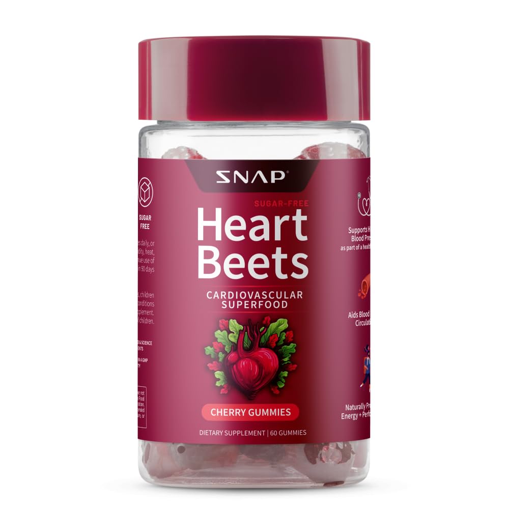 Snap Supplements Heart Beets Organic Beet Root Gummies, Herz-Kreislauf-Unterstützung Ergänzung für Männer & Frauen, Granatapfel, Rot Spinat, Herz-Gesundheit & Zirkulation Unterstützung, Zuckerfrei, Kirsche, 60 Gummie