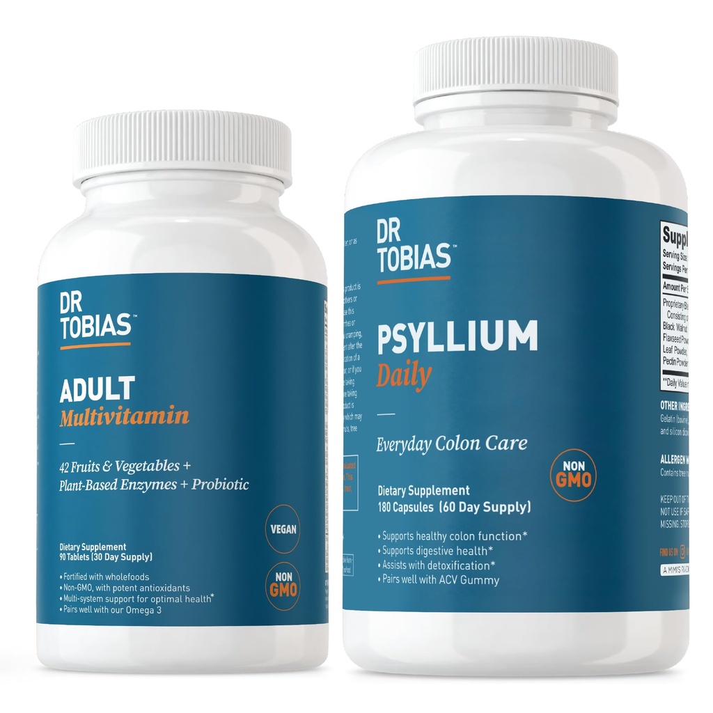 Le Dr Tobias adulte multivitamine et psyllium soutient quotidiennement l'énergie, l'immunité et la santé des mouvements de Bowel avec 42 fruits et légumes, musc de pslium, argile de bentonite, lin et ingrédients naturels