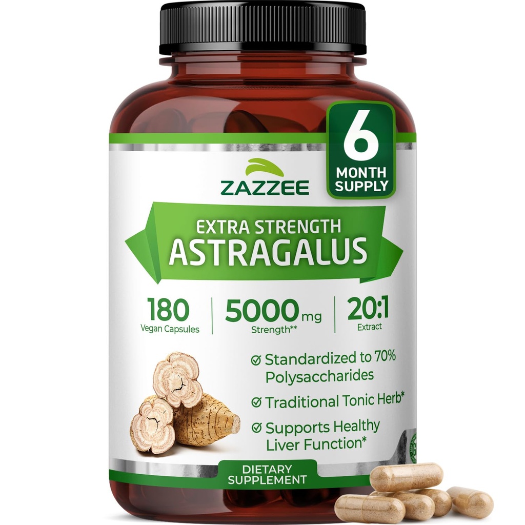 Zazzee Extra Strength Astragalus Root 20:1 Extrait, 5000 mg Strength, 70% Polysaccharides, 180 Capsules Vegan, 6 mois d'approvisionnement, 100% Végétarien, Standardisé et Concentré 20X Extrait, Non-OGM