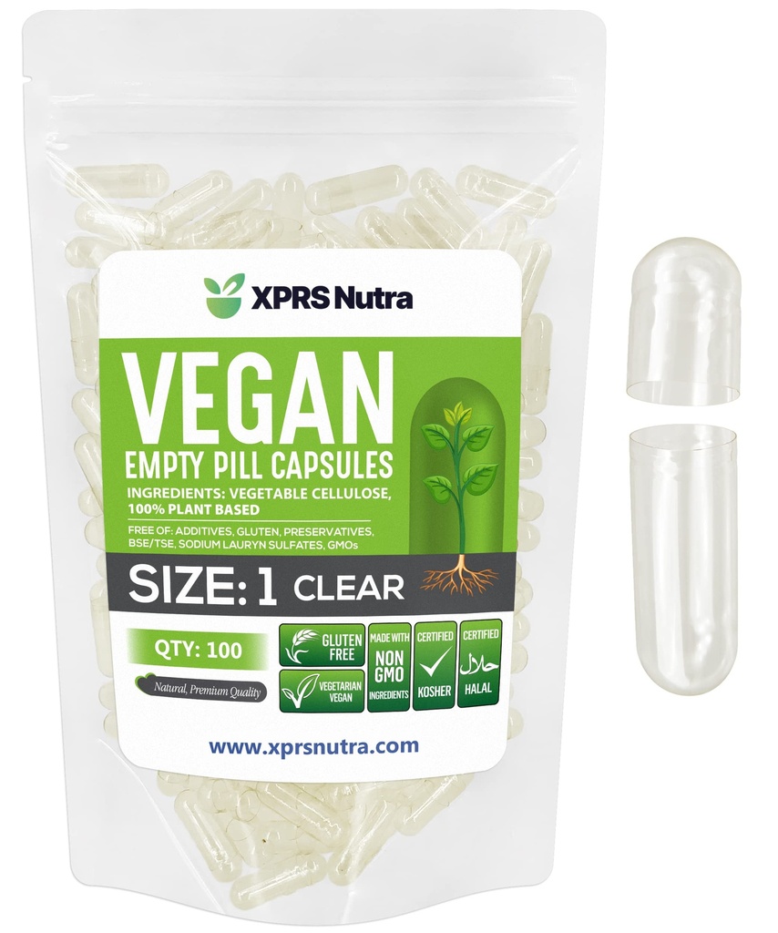 XPRS Nutra Größe 1 Leere Kapseln - 100 Count klare leere vegane Kapseln - Vegetarische Pillen - DIY Gemüse Kapsel Füllung- Veggie Pillen Kapseln für Do-It-Yourself Ergänzungen
