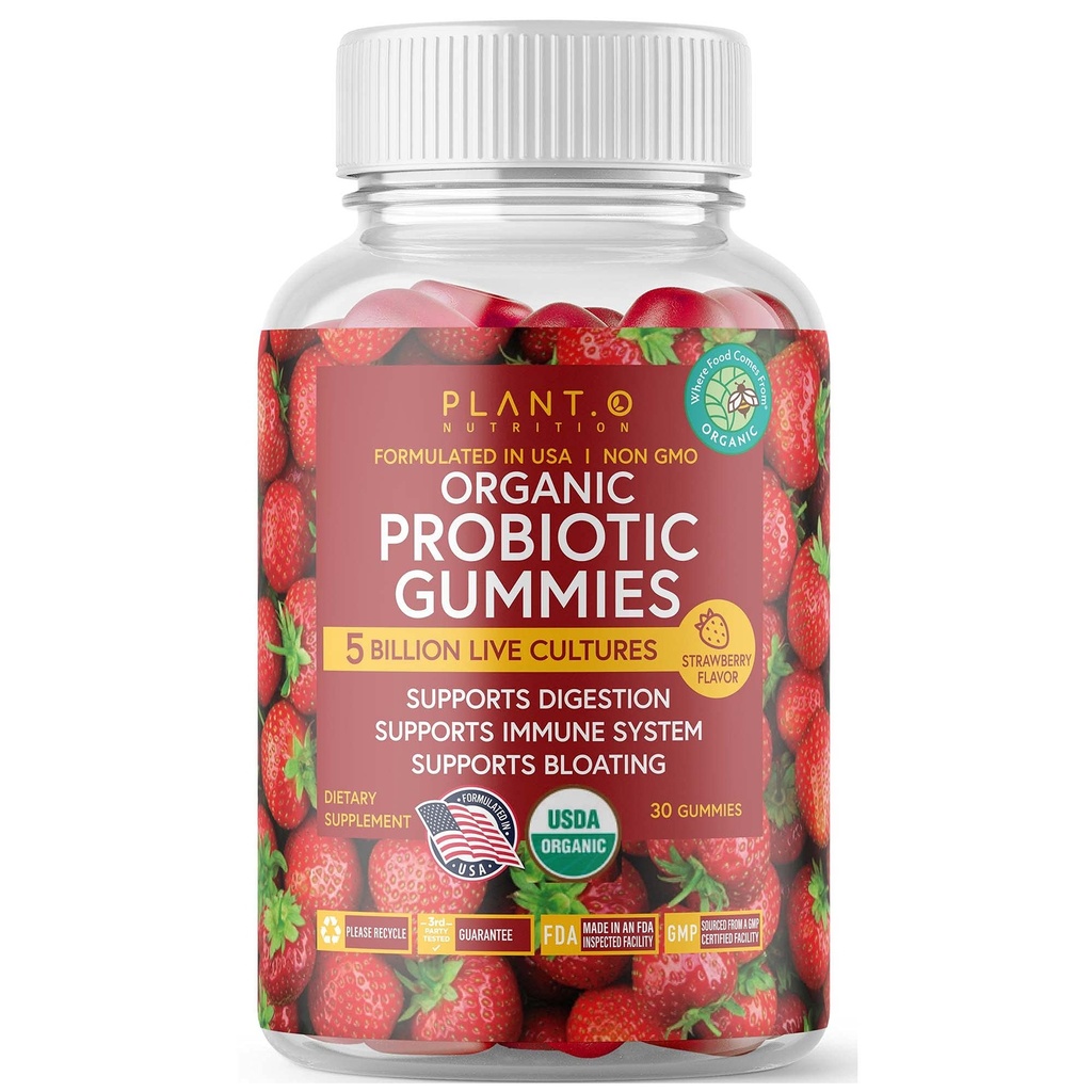 Plant.O Gommies bio probiotiques pour les femmes, les hommes et les enfants [5 milliards d'UFC Certifié USDA] Aide pour la digestion, le gonflement, la constipation et le système immunitaire, l'arôme de fraise, 30 probiotiques à croquer