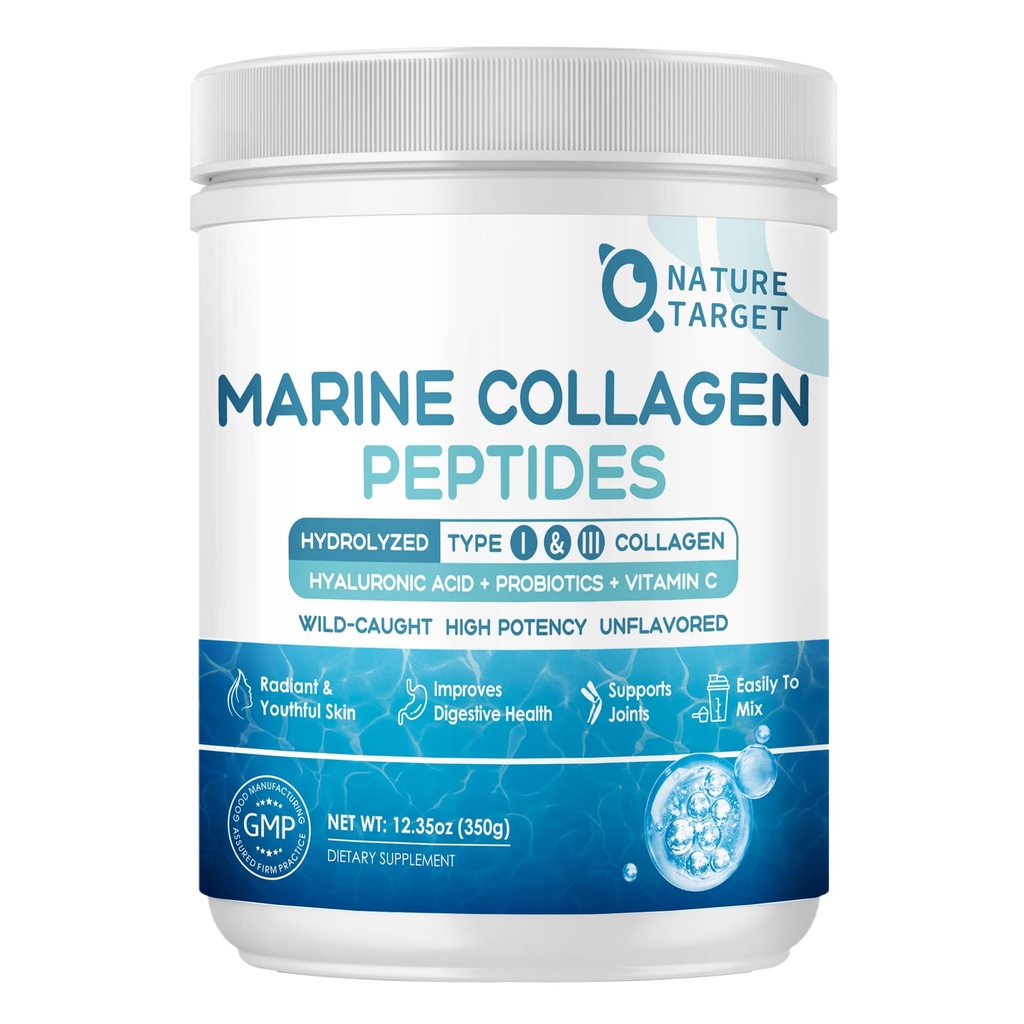 NATURE TARGET Marine Collagen Peptides Powder - Typ I & III Kollagen mit Probiotika, Vitamin C & Hyaluronsäure für Haut, Haar, Nägel, Wild-Caught Fish & Grass-Fed Bovine, 35 Servierungen