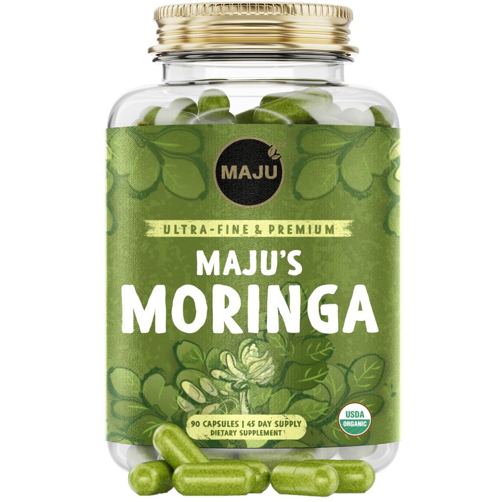 Maju Superfoods Bio Moringa Capsules, Oleifera Blatt, Extra-Fine Qualität Moringa Blätter, Getrocknete Drumstick Baum Blätter, Bio Moringa Pulver Extrakt Ergänzung Kapseln aus Pflanze (90 ct)