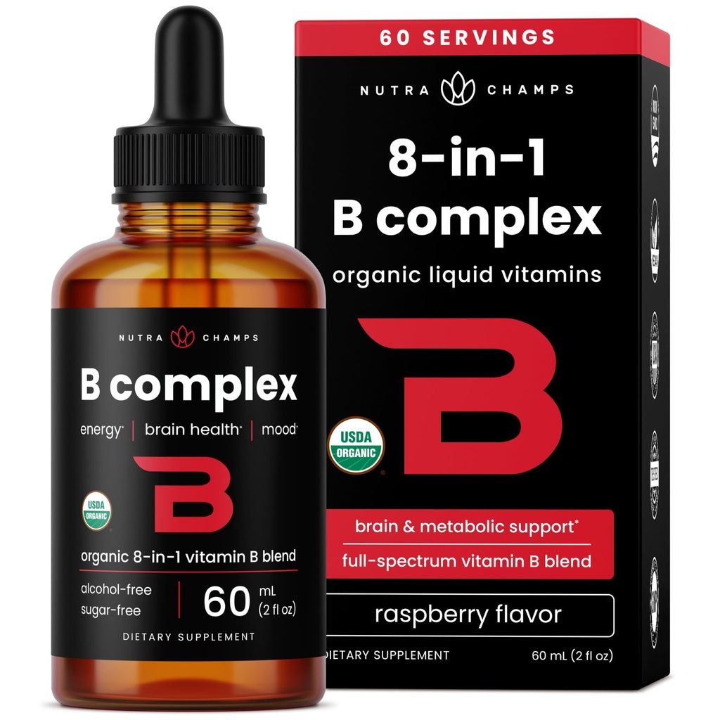 USDA Organic Vitamin B Complex Liquid Drops Sublingual B12 Methycobalamin | B1, B2, B3, B5, B6, B7, B9 | Methylated B Vitamins Complex für Frauen und Männer | Biotin, Niacinamid, Folsäure und Folsäure, 2oz