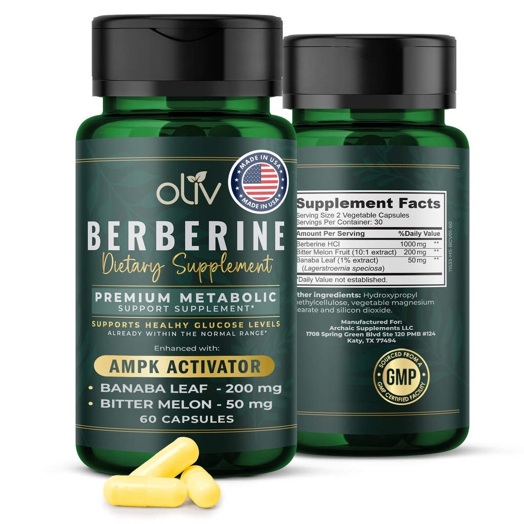 oliv Pure Berberine Supplement Kapseln – Berberine HCI 1000mg - Natürliche Metabolic-Unterstützung mit 200mg Bitter Melon Fruchtextrakt und 50mg Banaba Blatt – 2 Veggie Kapseln täglich (30 Portionen)