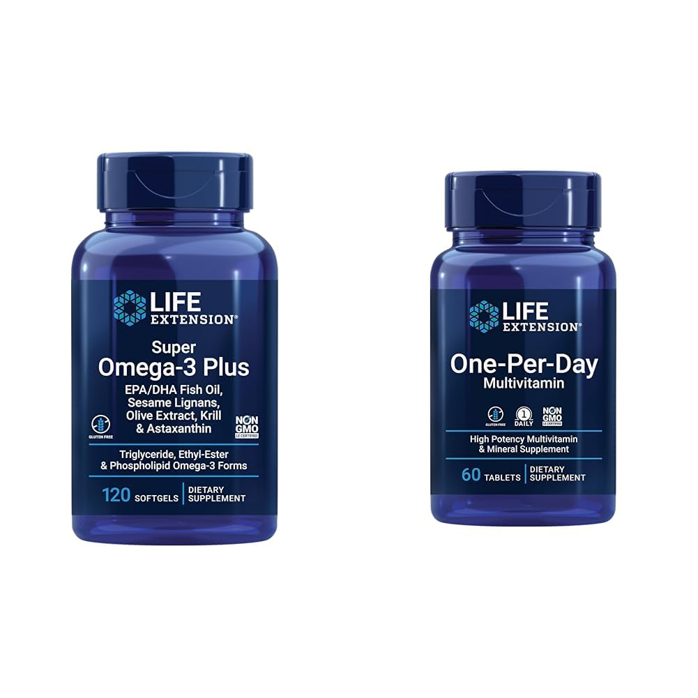 Extension de vie Super Omega-3 Plus EPA/DHA Huile de poisson, sésame Lignans, extrait d'olive et multivitamine par jour – emballé avec plus de 25 vitamines, minéraux et plantes
