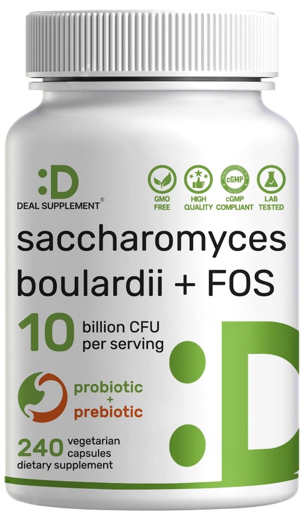Saccharomyces Boulardii Probiotics + FOS Supplement, 10 Billion CFU, 240 Veggie Capsules – Probiotic & Prebiotic for Women & Men – Gut, Immune & Digestive Health Support – Non-GMO