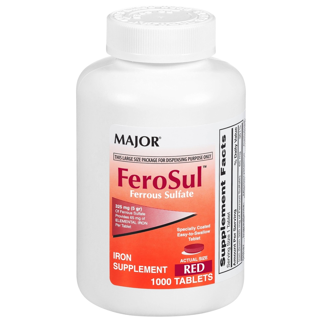 Major FeroSul - Sulfate ferreux 325 mg Comprimés - Supplément en fer pour les femmes et les hommes - Comprimés enduits spécialement faciles à avaler - Rouge - 1000 Nombre