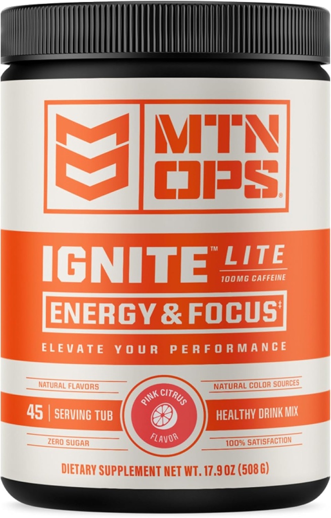 MTN OPS Ignite Lite Energy Drink Powder Gluten Kostenlose Nitric Oxid Ergänzung Getränke Mix, L Arginin, L Citrulline, Koffein & Nootropic Zucker Free Drink Mix, 45 Servierungen, Rosa Citrus