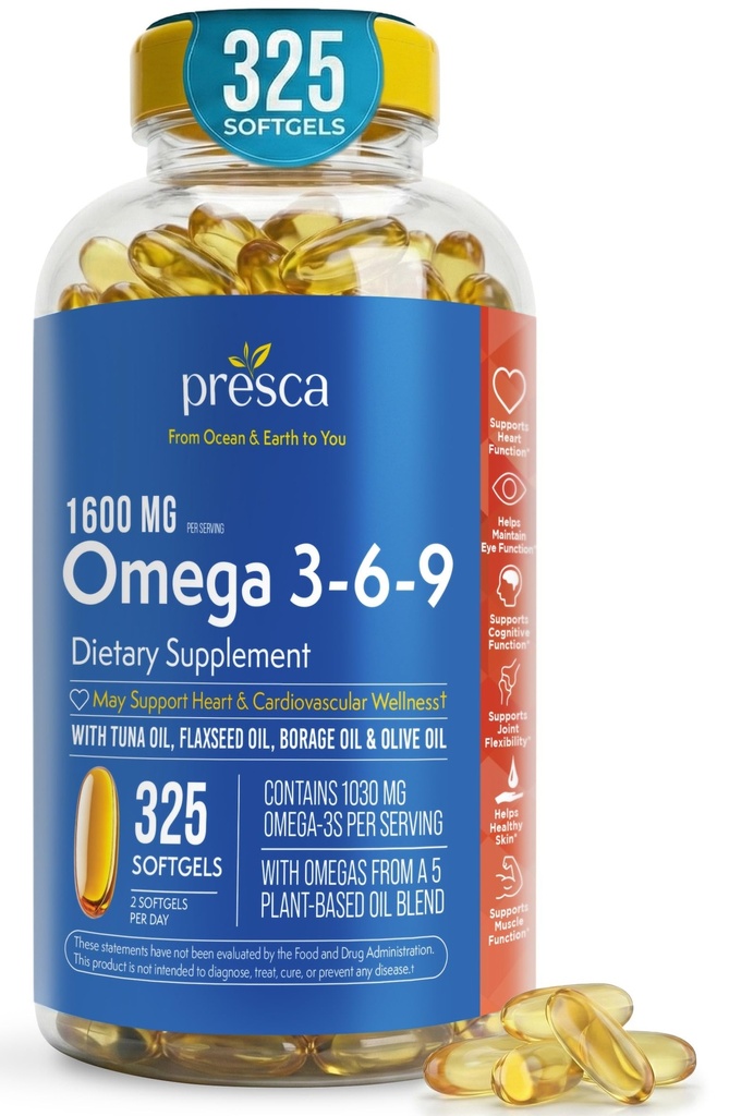 Omega 3-6-9 Nahrungsergänzung (325 ct.) - Förderung der visuellen Funktion und der Augengesundheit - Unterstützung Herz, Herz-Kreislauf-Gesundheit, Gesunde Haut, Haare und Gesamtgesundheit (Omega 3-6-9)