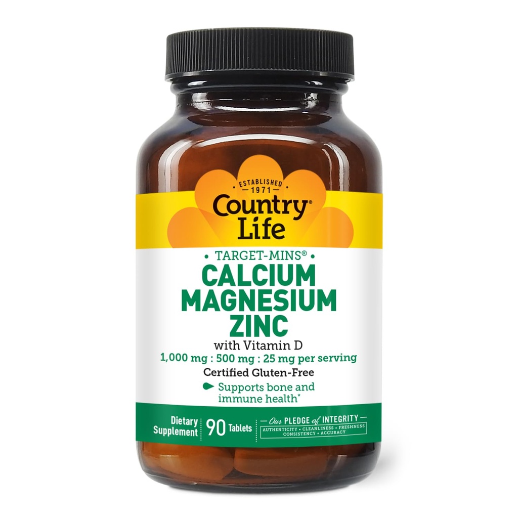 Country Life Calcium Magnésium Zinc avec vitamine D3 et acide L-Glutamique, supplément alimentaire pour le soutien des os, sans gluten certifié, 1000mg/500mg/25mg, 90 comprimés