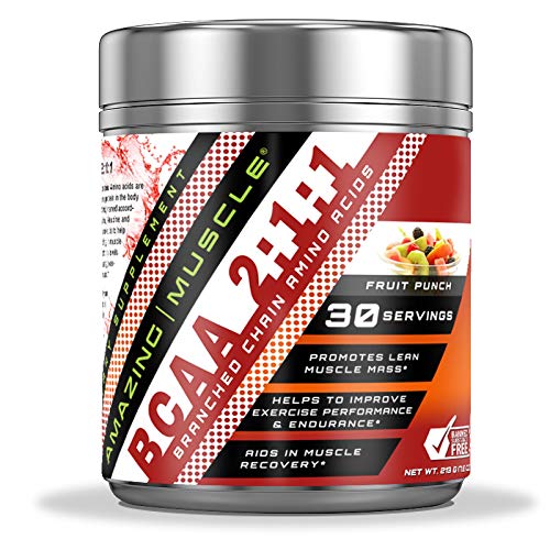 Amazing Muscle BCAA 2:1:1 Supplément à la chaîne ramifiée Amino Acides $ 6 000 Mg par portion $ Fruit Punch Flavor $ 30 portions