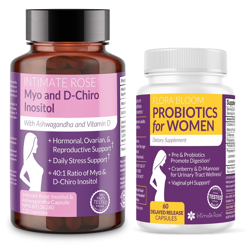 Économisez 10% sur le pack de bien-être des femmes – Myo-Inositol & D-Chiro Inositol + Probiotiques vaginaux complets pour l'équilibre hormonal, le gut et la santé vaginale