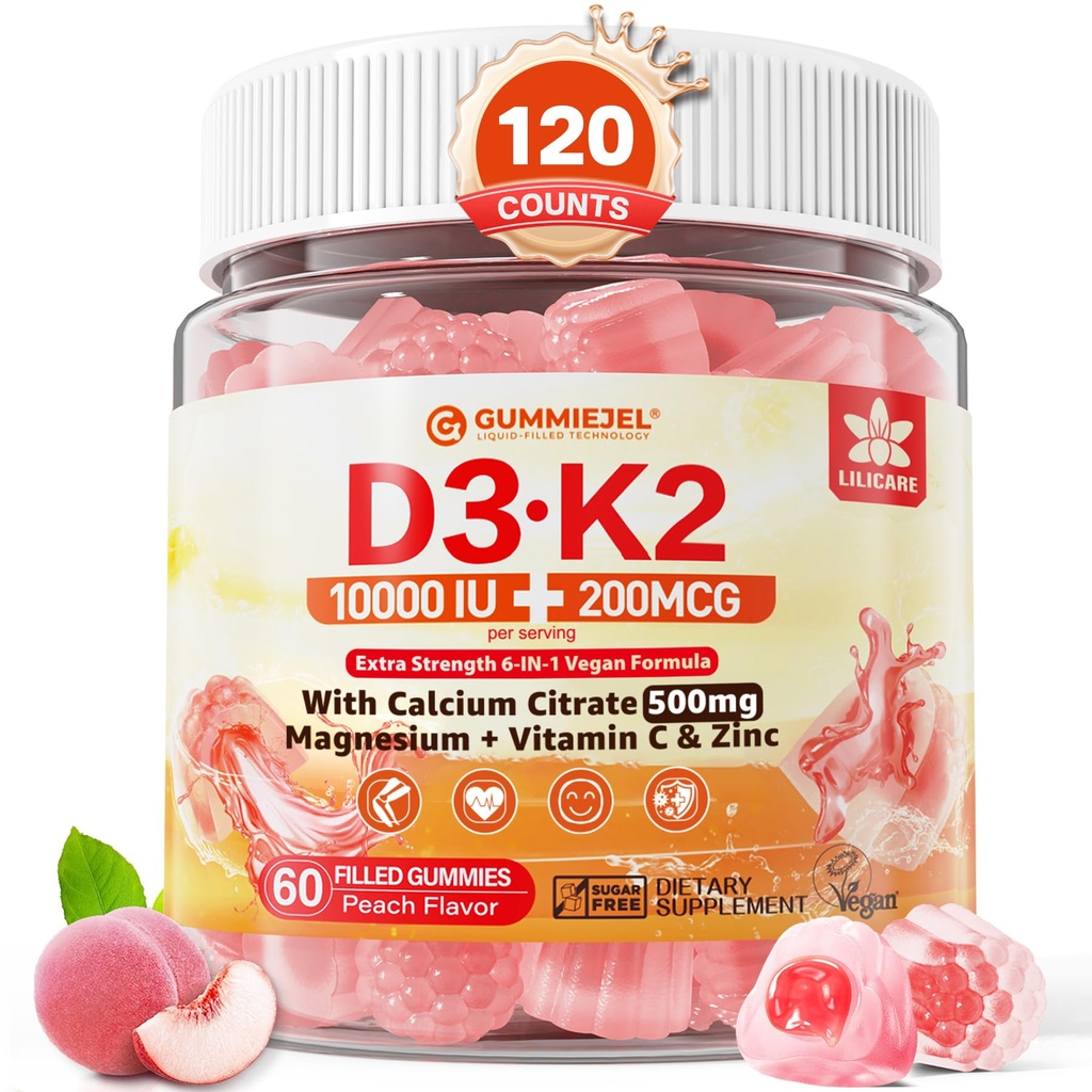 Vitamin D3 K2 Gefüllte Gummie 5000IU / 10.000 IU mit 500mg Calcium + K2(MK-7) 200mcg, Magnesium, Vitamin C & Zink, Extrastärke - Ultimative Absorption für Knochen Muskeln Zähne, Vegan -- Packung von 2