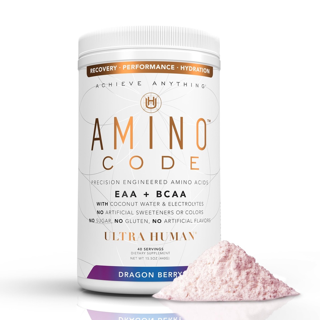Ultra Human Amino Code | Essential Amino Acids + BCAAs + Coconut Water Electrolytes | Fast Hydration Workout Recovery Flavored Amino Energy Powder Drink | Clean Formula, 40 Serviers - Dragonberry