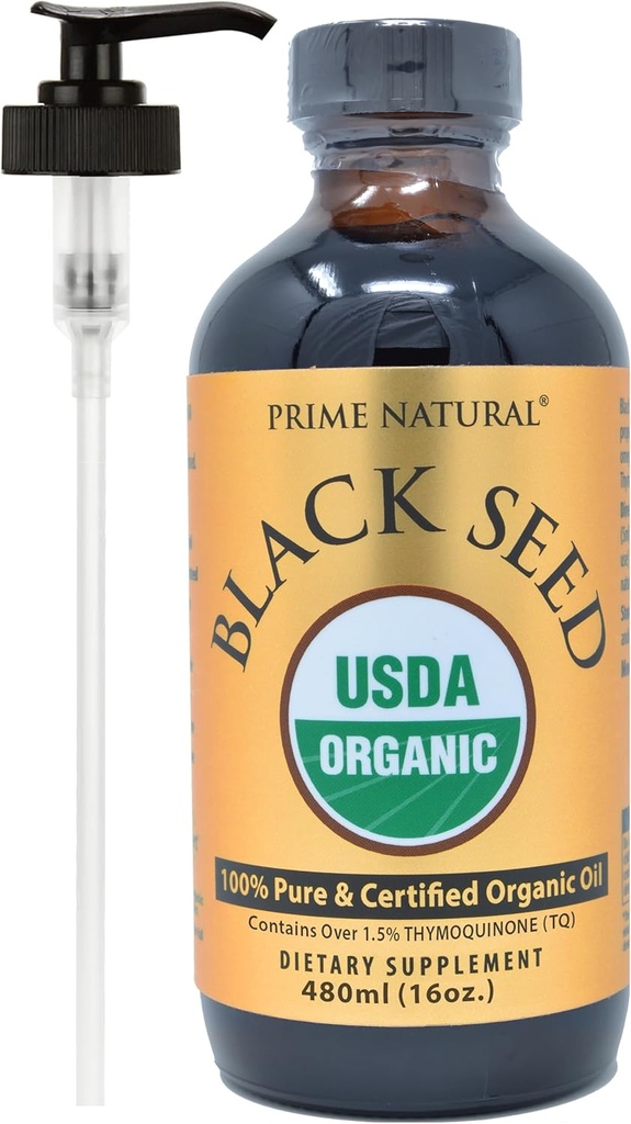 PRIME NATURAL Organic Black Seed Oil 16oz - Kalt gepresst Unraffed High Thymoquinone 1,7% USDA Zertifiziert - türkische Herkunft Potent Nigella Sativa Flüssigkeit - Vegan Omega 3 6 9, Antioxidant