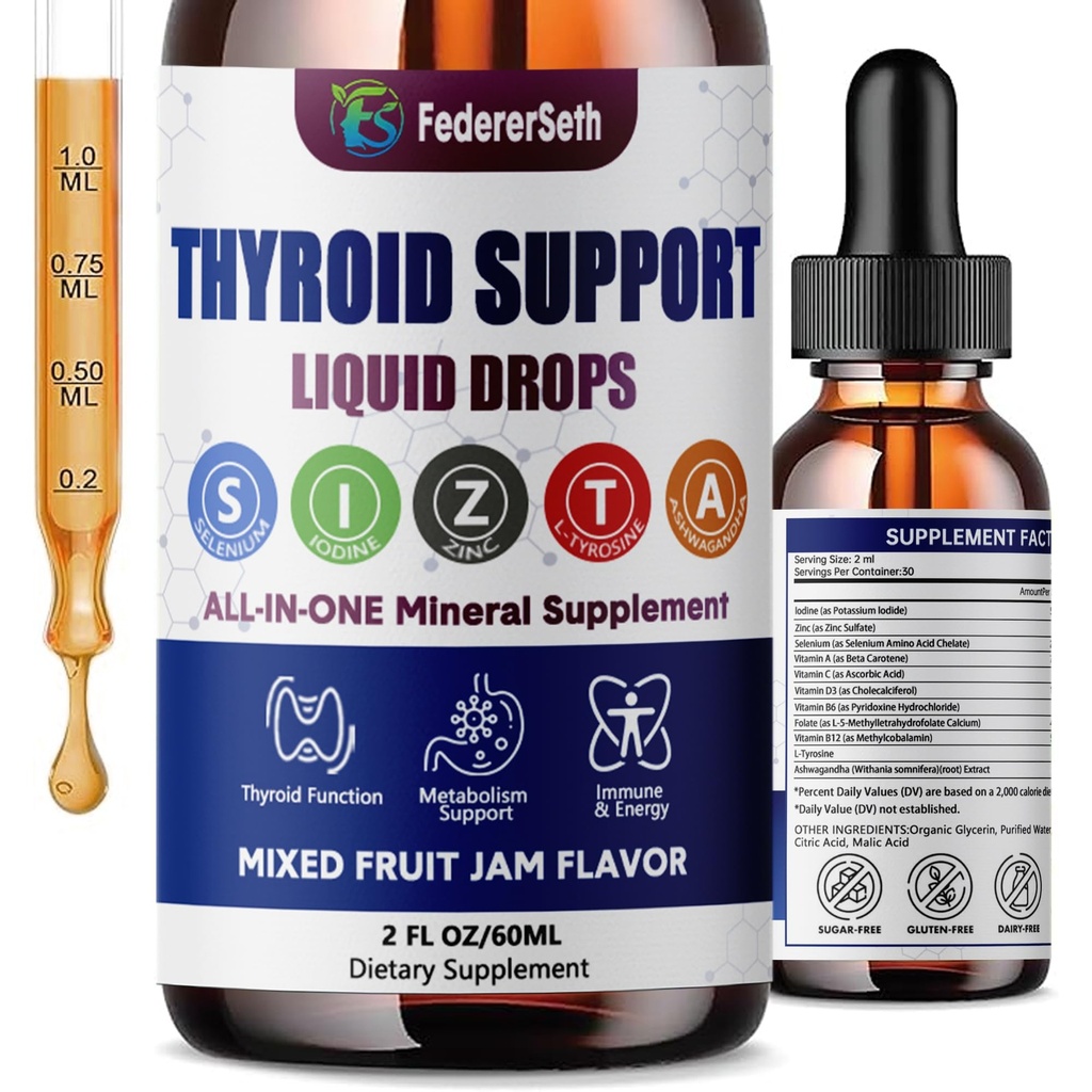 Thyroid Support Drops for Women & Men.Thyroid Supplement Liquid with Selenium Zinc Iodine L-Tyrosine Ashwagandha for Mood Support & Hormone Balance - Natural Metabolism & Energy Support - 2 Fl. Oz