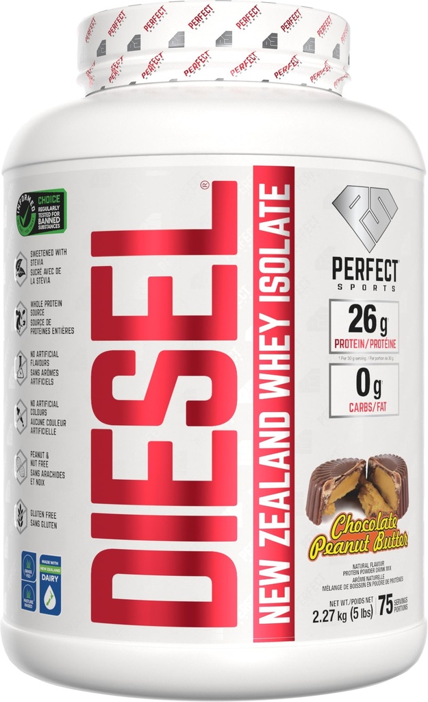 PERFECT SPORTS Diesel 100% New Zealand Whey Protein Isolate | Stevia Sweetened, No Artificial Ingredients, Keto | 0g Carb, 0g Fat, 26g Protein | 2 Pounds (Chocolate Peanut Butter)
