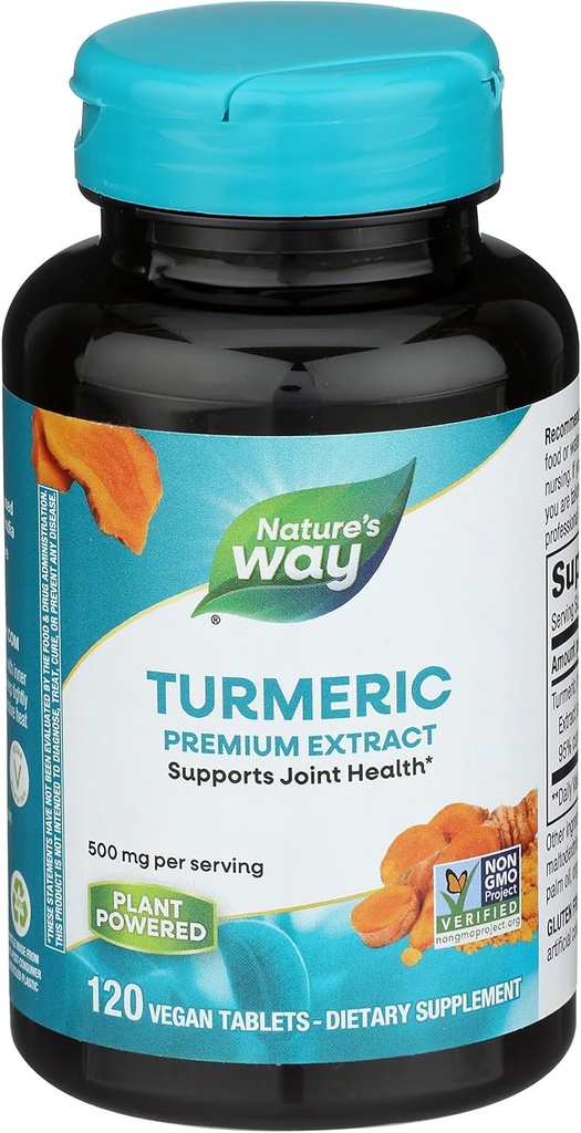 Nature's Way Turmeric Premium Extract - Soutient la santé conjointe* - Projet non-OGM vérifié - 500 mg par portion - Supplément mixte des comprimés Turmeric* - Sans gluten - 120 comprimés