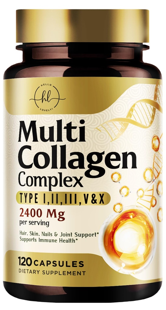 Multi Collagène Peptides 2400mg pour les femmes – Meilleur complexe de collagène hydrolysé avec 5 types (I, II, III, V, X) - herbe Fed - Cheveux, peau, ongles, os et soutien articulaire pour la beauté et le bien-être – 120 capsules
