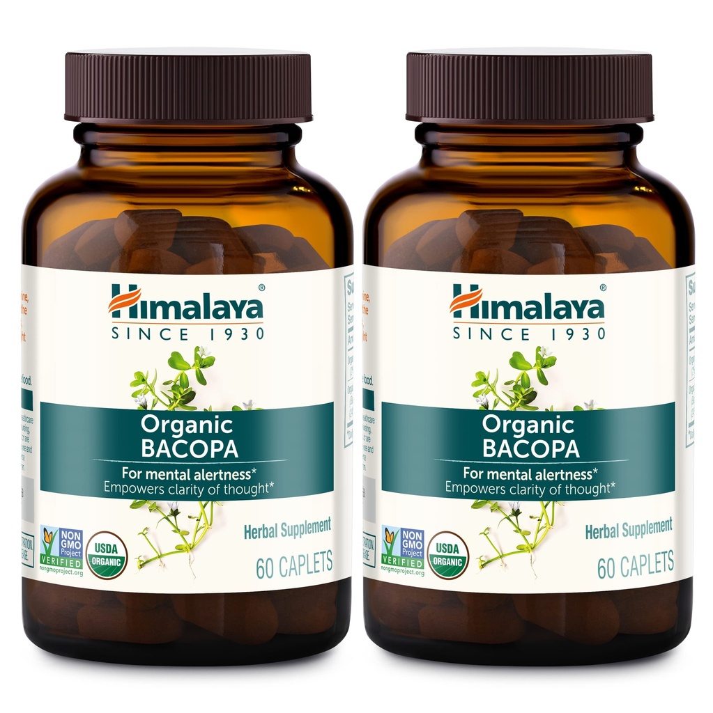 Himalaya Bacopa Monnieri Nootropic Kräuter-Ergänzung, Mentalal Alertness, unterstützt Beruhigung, Gedächtnis, Kognition, USDA Organic, Non-GMO, 750 mg, 60 Pflanzen-basierte Caplets, 2 Pack, 120 Tage Versorgung