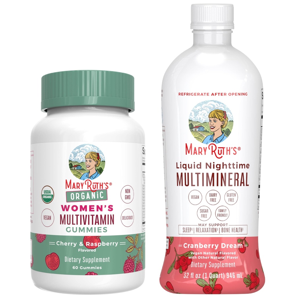 MaryRuth's Multivitamin Gummie für Frauen (Cherry & Raspberry) & Liquid Nighttime Multimineral (Cranberry) | Clean Label Project Verified® | Vegan, Non-GMO | Beauty, Bedtime, Gesamtgesundheit