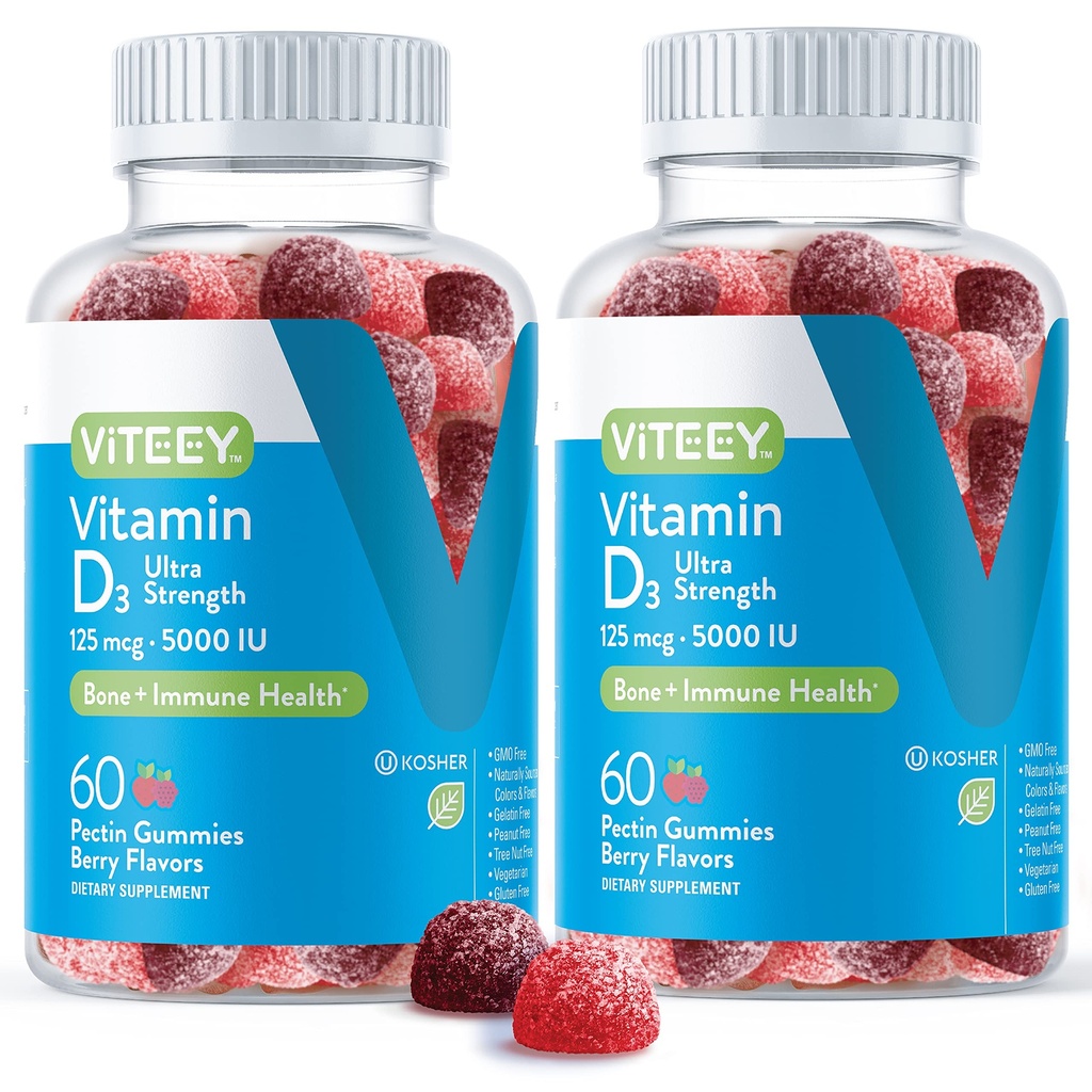 Viteey Vitamine D3 Gommies pour adultes et adolescents - 5 000 UI, 125 mcg, Ultra Strength - Hygiène articulaire et musculaire, Immune Boost - Gommies à la vitamine D à croquer - Végétarien, Sans gélatine - Saveur de baies délicieuses