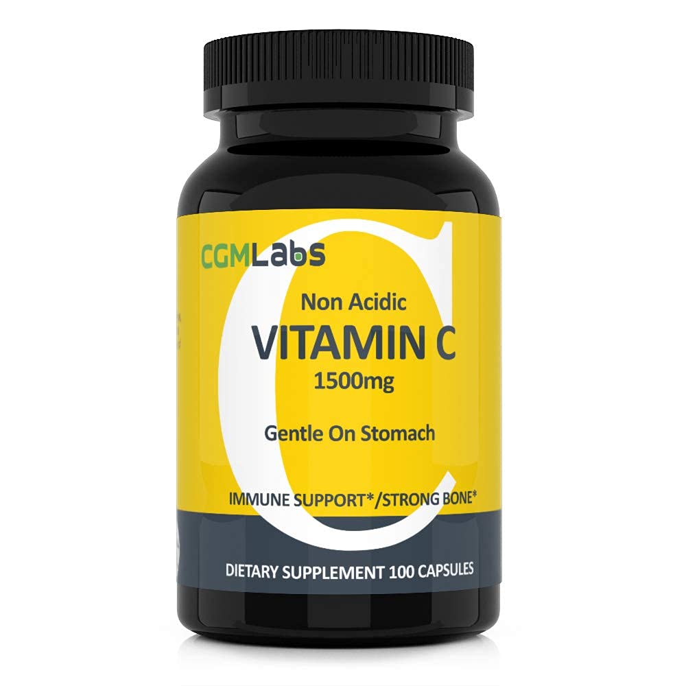 Non Acidic Vitamin C Dietary Supplement 1500mg with Calcium. Gentle on Stomach, Immune/Bone Support- 100 Caps by CGM Labs