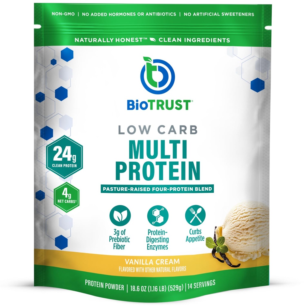 BioTrust Poudre de protéines à faible teneur en glucides – Mélange naturel et délicieux de lactosérum et de caséine de vaches sans hormones alimentées par l'herbe – Non OGM, sans soja, sans gluten, sans hormones (Vanilla)