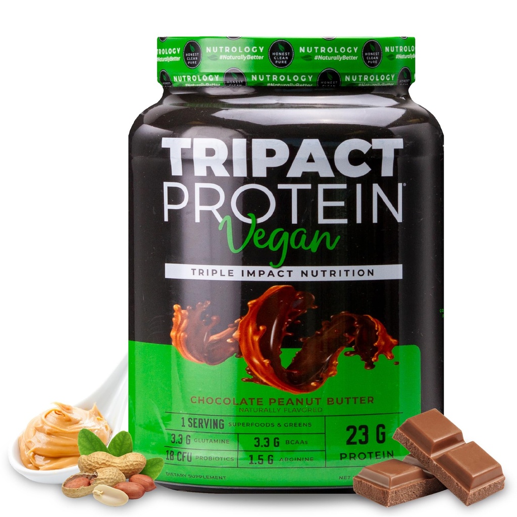 Nutrology TRIPACT Vegan Protein Powder - Organische Pea, Reis & Kürbisprotein, BCAAs & Glutamine Pflanzenbasiertes Meal Ersatz Shakes für Muskel-Recovery & Immunität, Schokoladen-Peanut Butter, 20 Servierungen