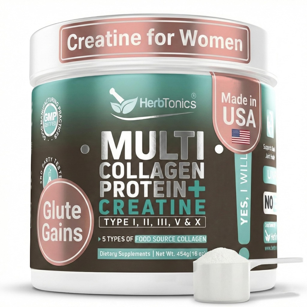 Créatine à base d'herbes pour femmes 5000mg Créatine monohydratée + poudre de protéines multicollagènes (type I, II, III, V, X) – Lean Muscle, Recovery & Skin Support – Grass-Fed, No Bloat, Non aromatisé – 30 portions