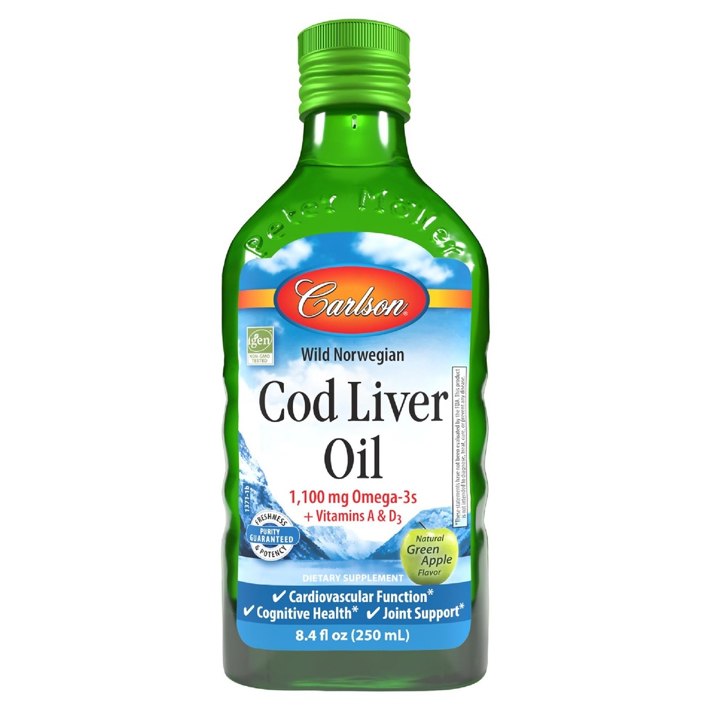 Carlson - Cod Liver Oil, 1100 mg Omega-3s, Plus Vitamine A und D3, Wild Caught Norwegian Arctic Cod Liver Oil, Sustainable Sourced Nordic Fish Oil Liquid, Green Apple, 250 ml (8.4 Fl Oz)