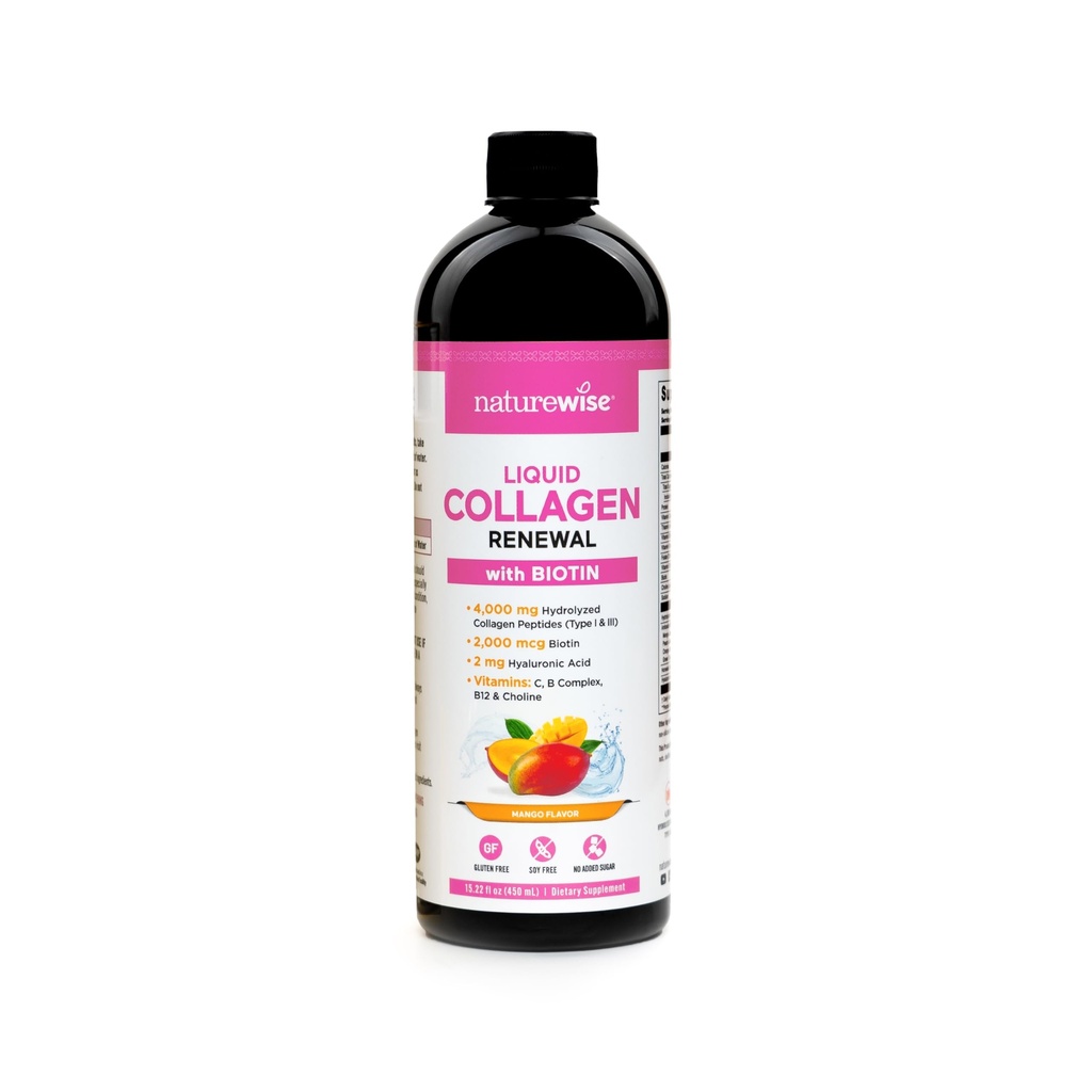 NatureWise Hydrolyzed Liquid Collagen for Women & Men 4000mg - No Added Sugar - Multi Collagen Peptides + Biotin + Vitamin C + Vitamin B Complex & Hyaluronic Acid - Mango - 15.22 fl oz[45 Day Supply]