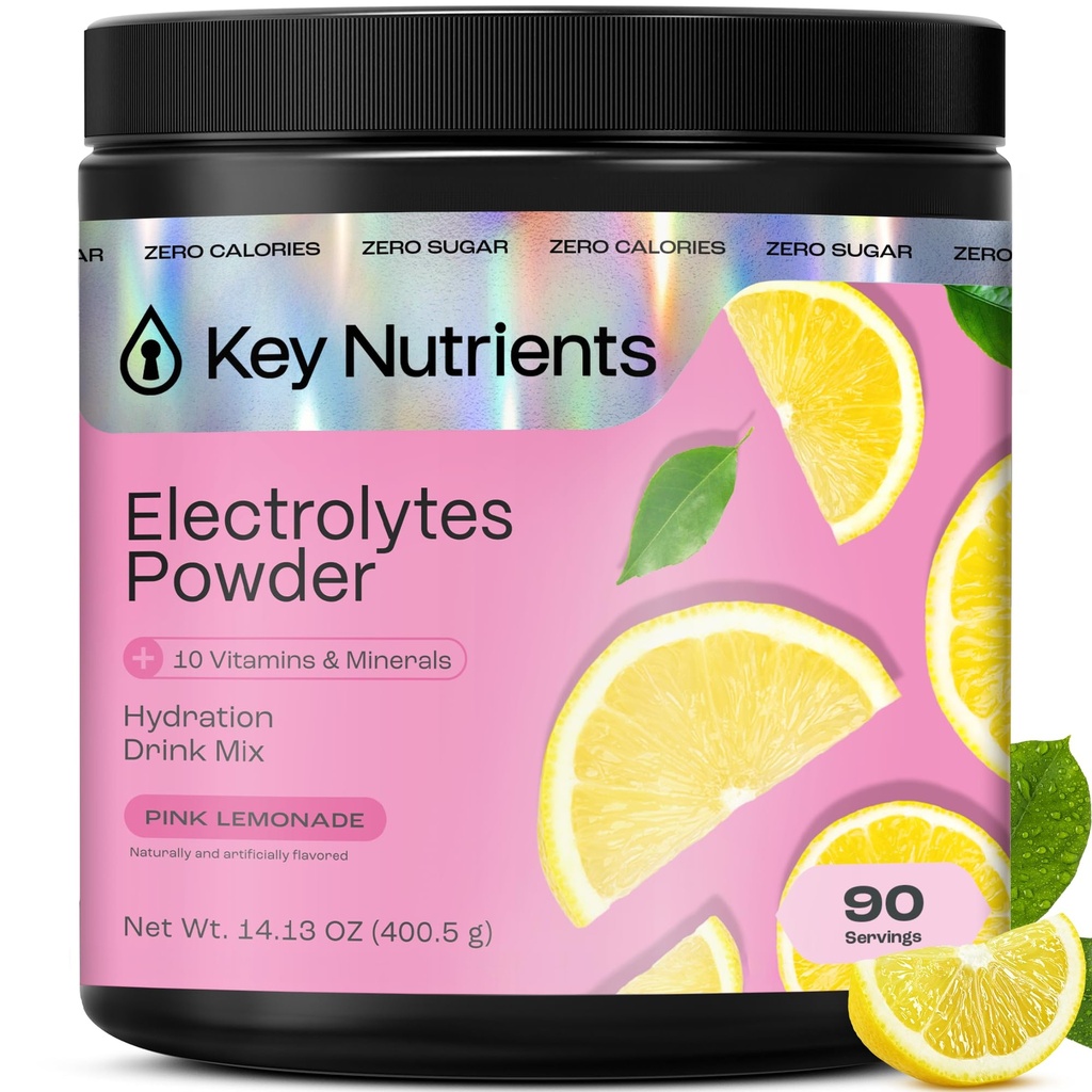 KEY NUTRIENTS Multivitamin Elektrolyte Pulver Kein Zucker - Frisches Pink Lemonade Elektrolyt Pulver - Endurance & Energy Supplement - Hydration Pulver - Keine Kalorien - 90 Servierungen - Made in USA