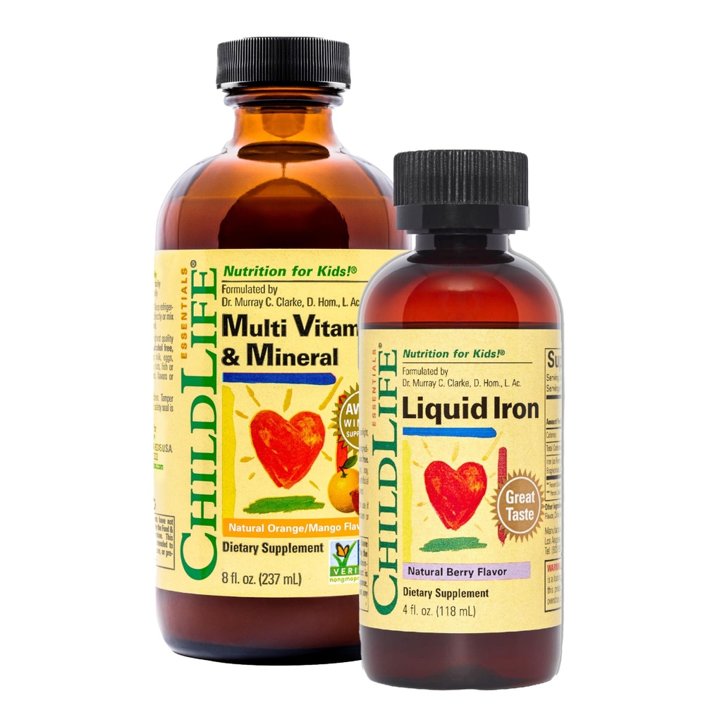 CHILDLIFE ESSENTIALS Liquid Iron + Kids Multivitamin & Mineral - Liquid Iron Supplement + Vitamins for Baby, Kids, & Toddlers, Non-GMO, Gluten Free, Natural Berry & Orange Mango Flavors - Pack of 2