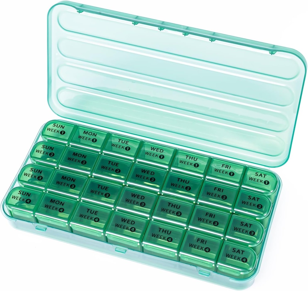 28 Tage Monatliche Pille Organizer - 4 Wochen Pille Box 1 Mal am Tag, 7 Tage Medizin Organizer Box, Reise Pillenbehälter für Vitamin, Fischöl (Olive Green)