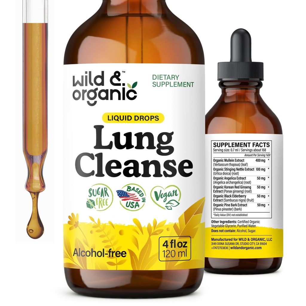 Wild & Organic Lung Cleanse Detox Tincture - Mullein Tropfen für Lunge - Kräuter-Müllein-Extrakt-Ergänzung - Vegan, Alkoholfreie Tropfen - 4 fl oz