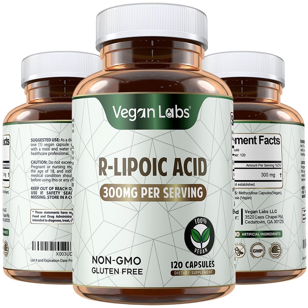 Vegan Labs Acide R-Lipoic 300MG, 120 Capsules Vegan- Supporte l'énergie cellulaire et la protection antioxydant- Sans gluten, sans OGM, supplément R-ALA stabilisé- 4 mois d'approvisionnement