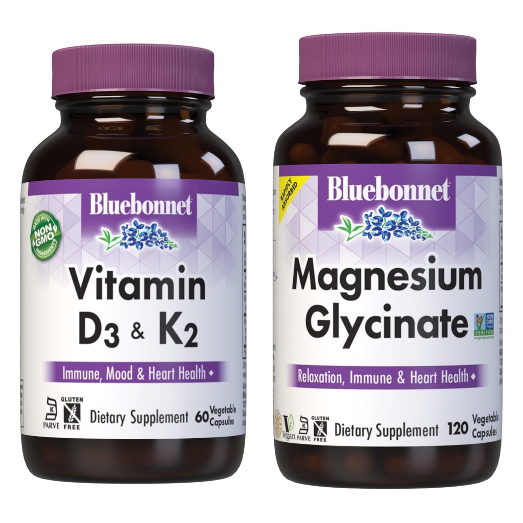 BlueBonnet Nutrition Mélange de vitamines D3 et K2 et de capsules végétales glycinées de magnésium