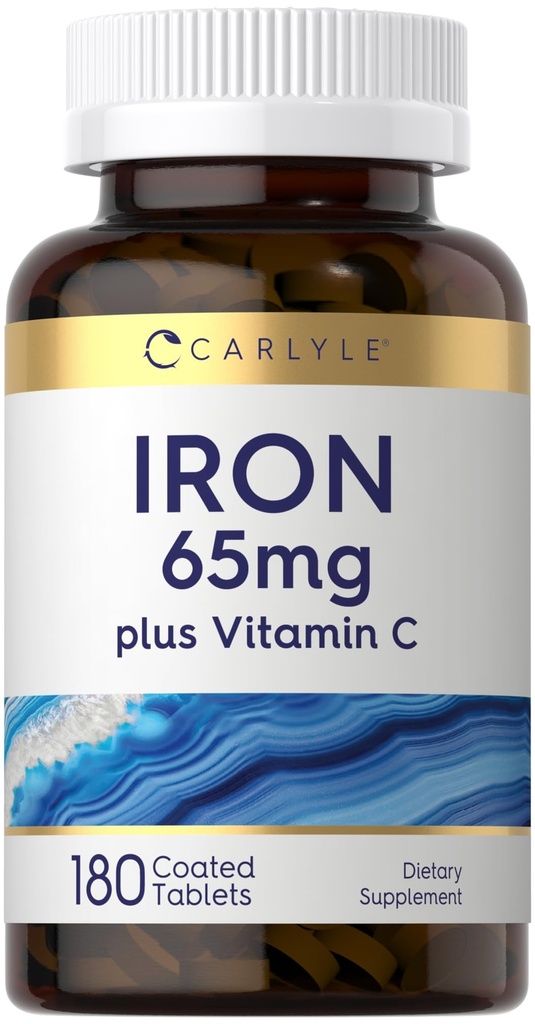 Carlyle Iron Supplement 65 mg with Vitamin C | 180 Tablets | 300mg of Vitamin C | Vegetarian, Non-GMO and Gluten Free