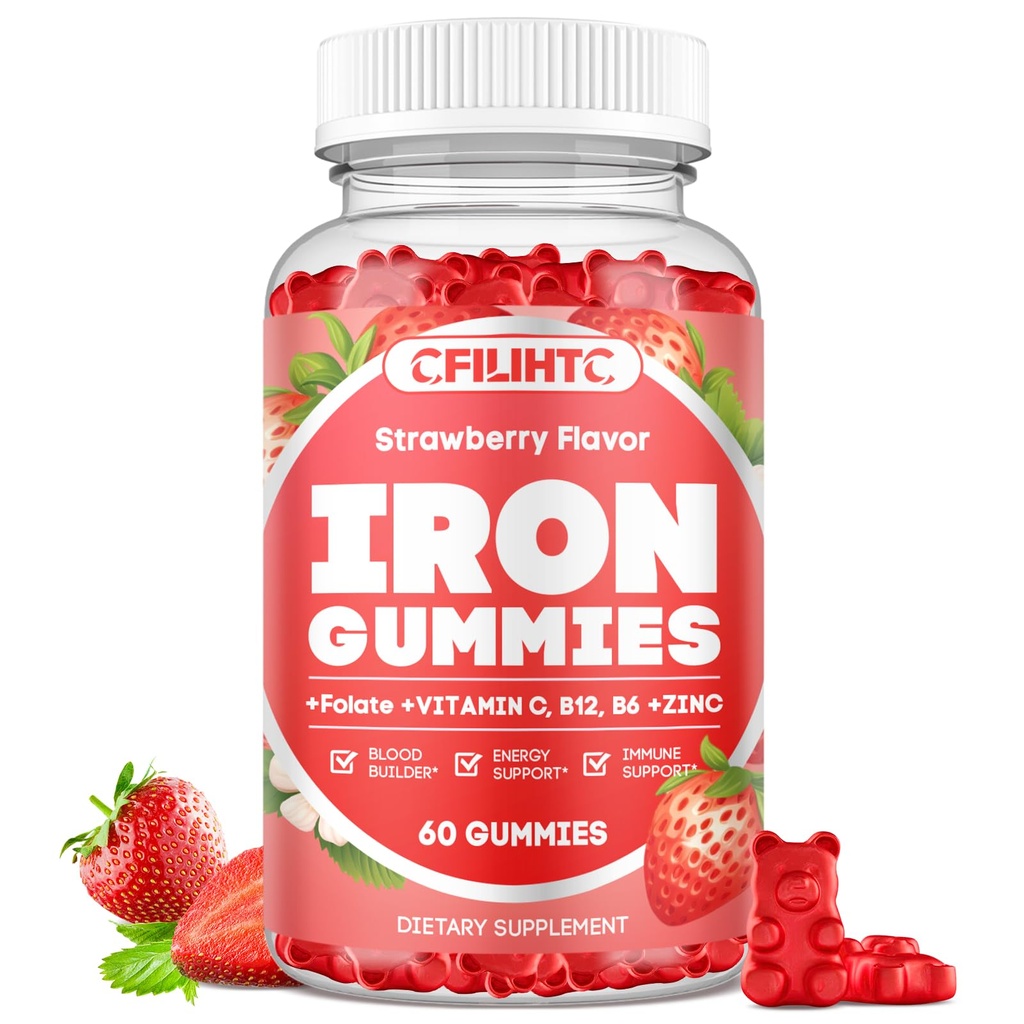 Iron Gummies for Women & Men - Iron Supplement with Vitamin B6, B12, C, Zinc, Folate for Adults & Kids - Support Iron Deficiency, Anemia, Energy Boost, Blood Builder - Sugar Free Vegan 60ct Strawberry