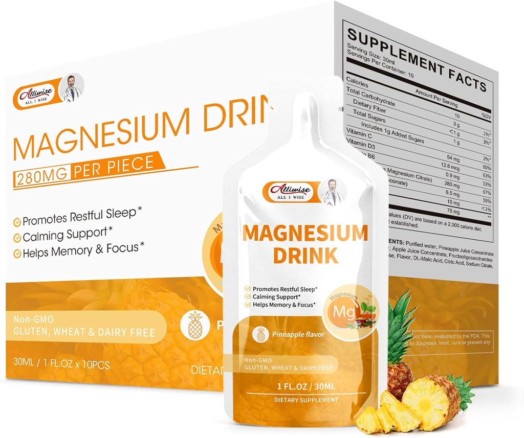 Magnesium Citrat Flüssige Magnesium-Getränk-Lösung mit Vitamin, Zink & Natriumbromid, essentielle Magnesium-Ergänzung Unterstützung Immun, Knochengesundheit und Zzz, Ananas-Flaschen, 10 Fl Oz