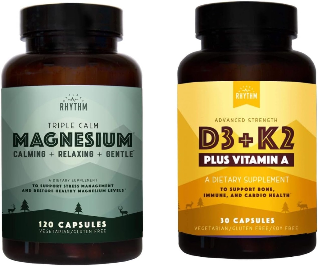 Natural Rhythm Triple Calm Magnesium 150 mg - 120 Kapseln – Magnesium Complex Compound Supplement W/Natural Rhythm Vitamin D3 + K2 (MK7) Plus Vitamin A, für Knochen, Herz, & Immungesundheit, 30 Kapseln