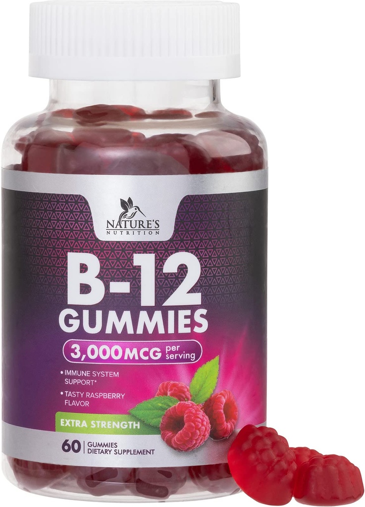 B12 Vitamins Energy Gummies 3000 mcg - Extra Strength B 12 Gummy für Stoffwechsel & Immunsystem Unterstützung - Kaubare Ernährung B12 Ergänzungen für Erwachsene & Kinder Koffein freies Gummy Vitamin - 60 Gummi