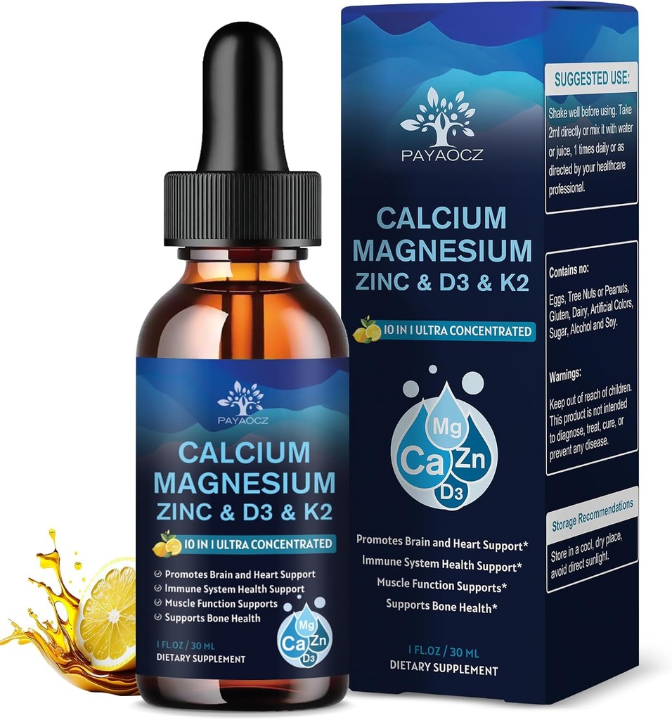 (4 Pack) 10 in 1 Calcium Magnesium Zinkergänzung, Magnesium Glycinat Komplexe Flüssigkeitstropfen mit Vitamin D3 K2 B6, Vegan Calcium Citrat Knochen & Immun Gesundheit Unterstützung, Schlaf & Krebse, Boron, 1 Fl Oz
