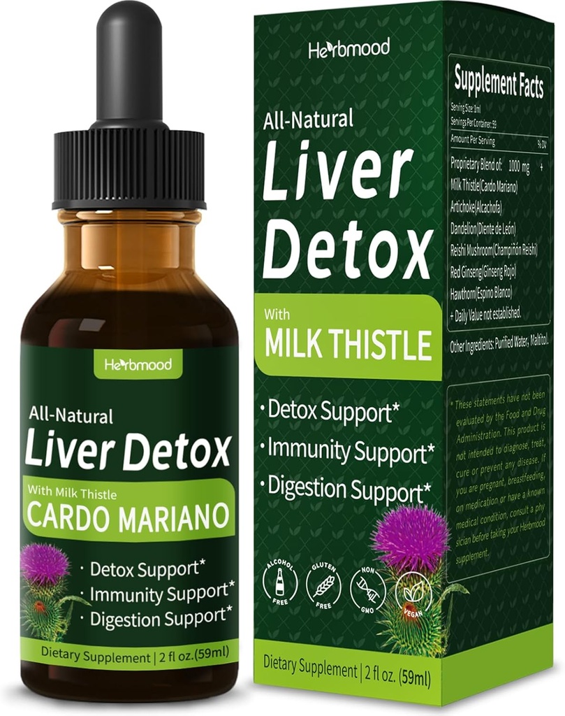 Milk Thistle Liver Detox Drops, Cardo Mariano (con Silimarina) y Diente de León para el Hígado Graso, Liver Support Supplement w/Artichoke & Dandelion Extract for Liver Cleanse & Repair. 2oz